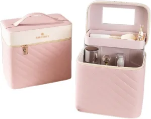 Makeup Box PU Leather Makeup Bag for Women, Jewelry Display Stand,Portable Travel Cosmetic Bag, Beauty Organizer Bag with 2-Layer Tray, Easy to Clean (Color : Pink, Size : 23 * 17 * 18cm) (P