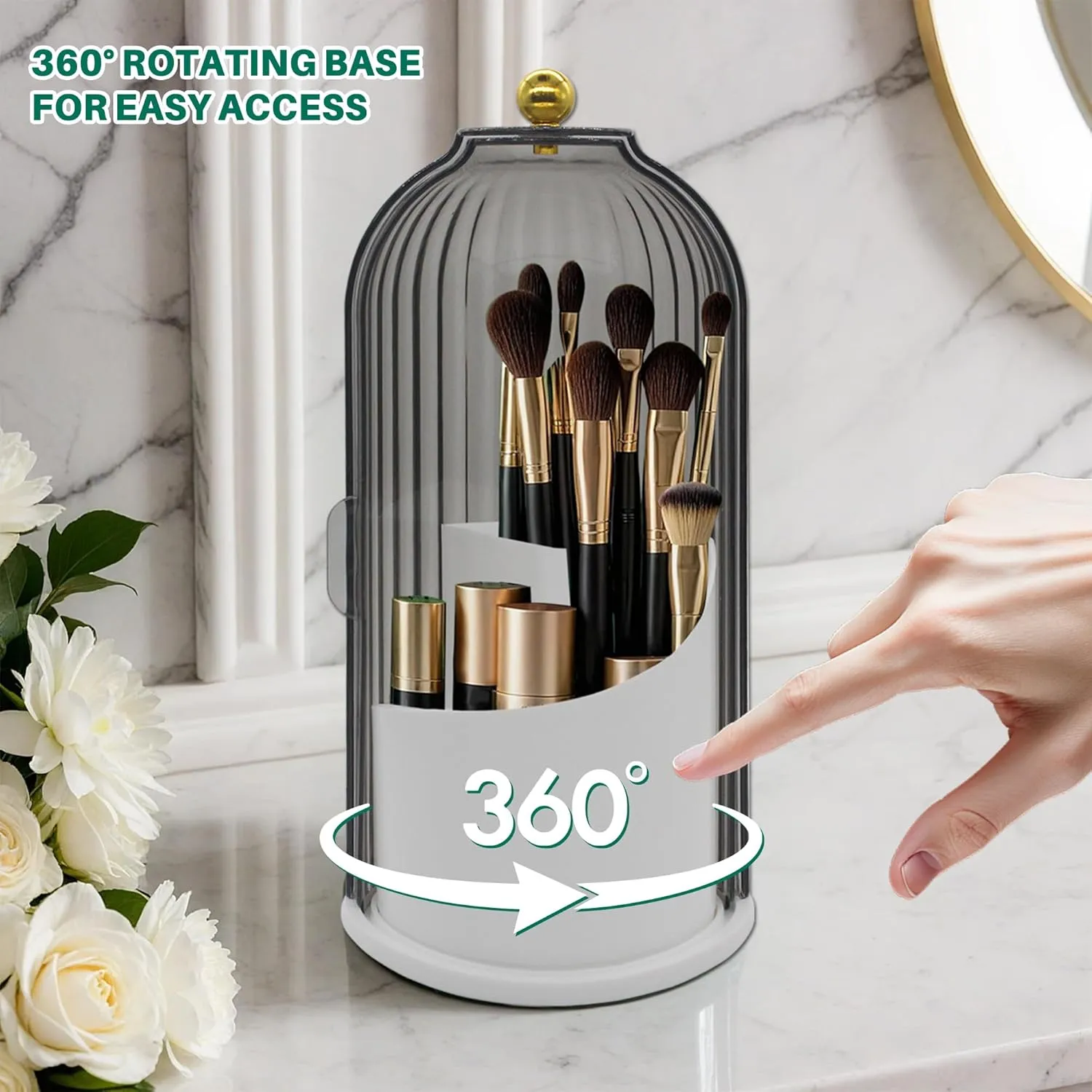 Makeup Brush Holder with Lid Cosmetic Tools Organizer 360 Rotating Waterproof Dustproof Make Up Brushes Storage for Vanity Bathroom Countertop
