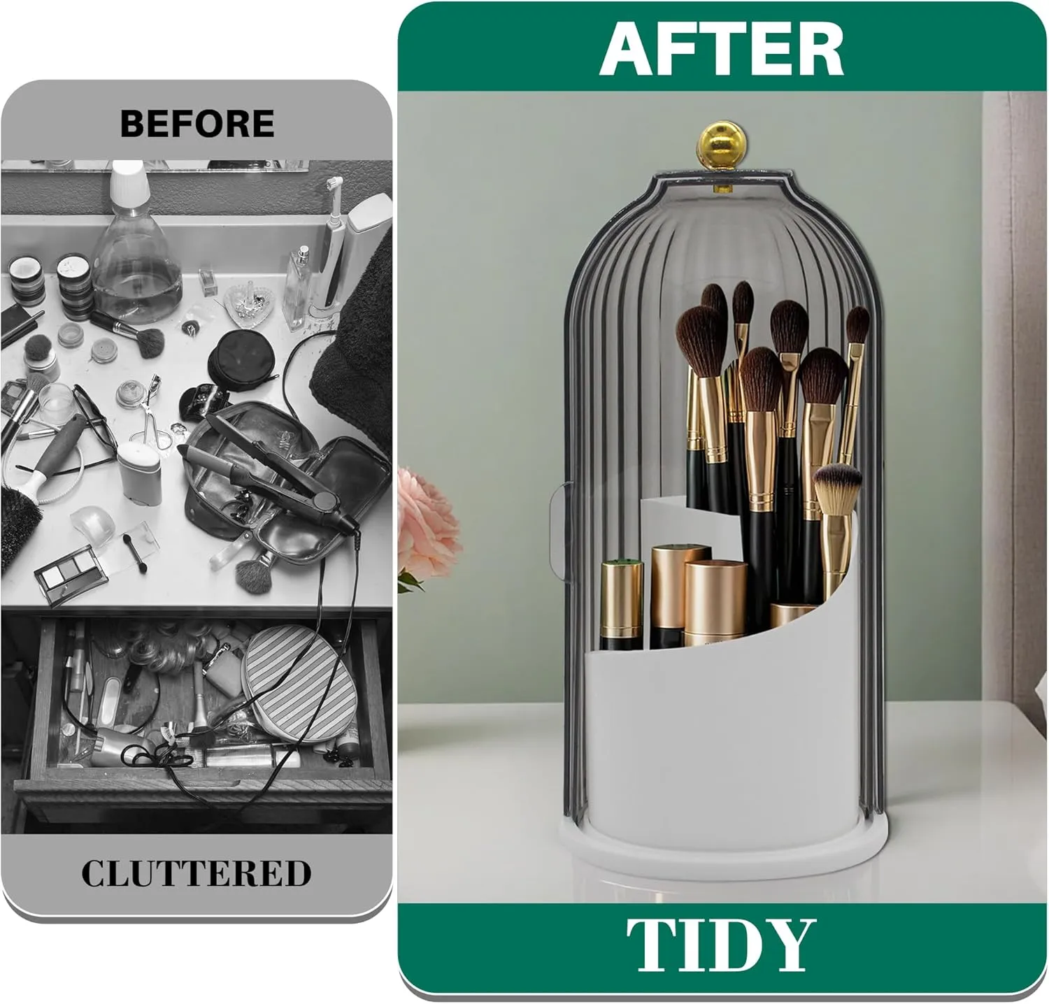 Makeup Brush Holder with Lid Cosmetic Tools Organizer 360 Rotating Waterproof Dustproof Make Up Brushes Storage for Vanity Bathroom Countertop