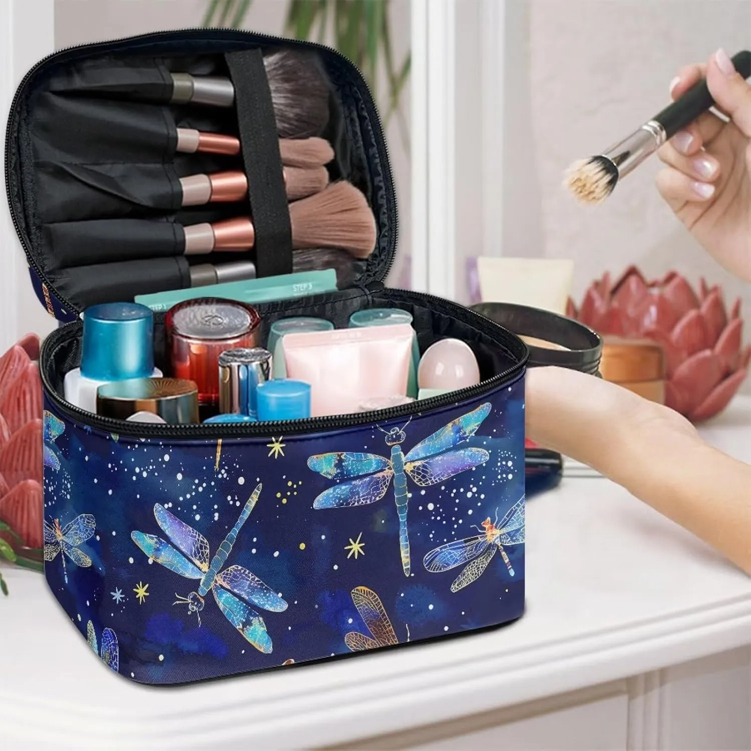 Makeup Organizer Cosmetic Storage Cases Blue Dragonfly Travel Cosmetic Bag Make Up Pouch Large Travel Zipper Pouch Toiletry Bag Makeup Organizer Bag for Women