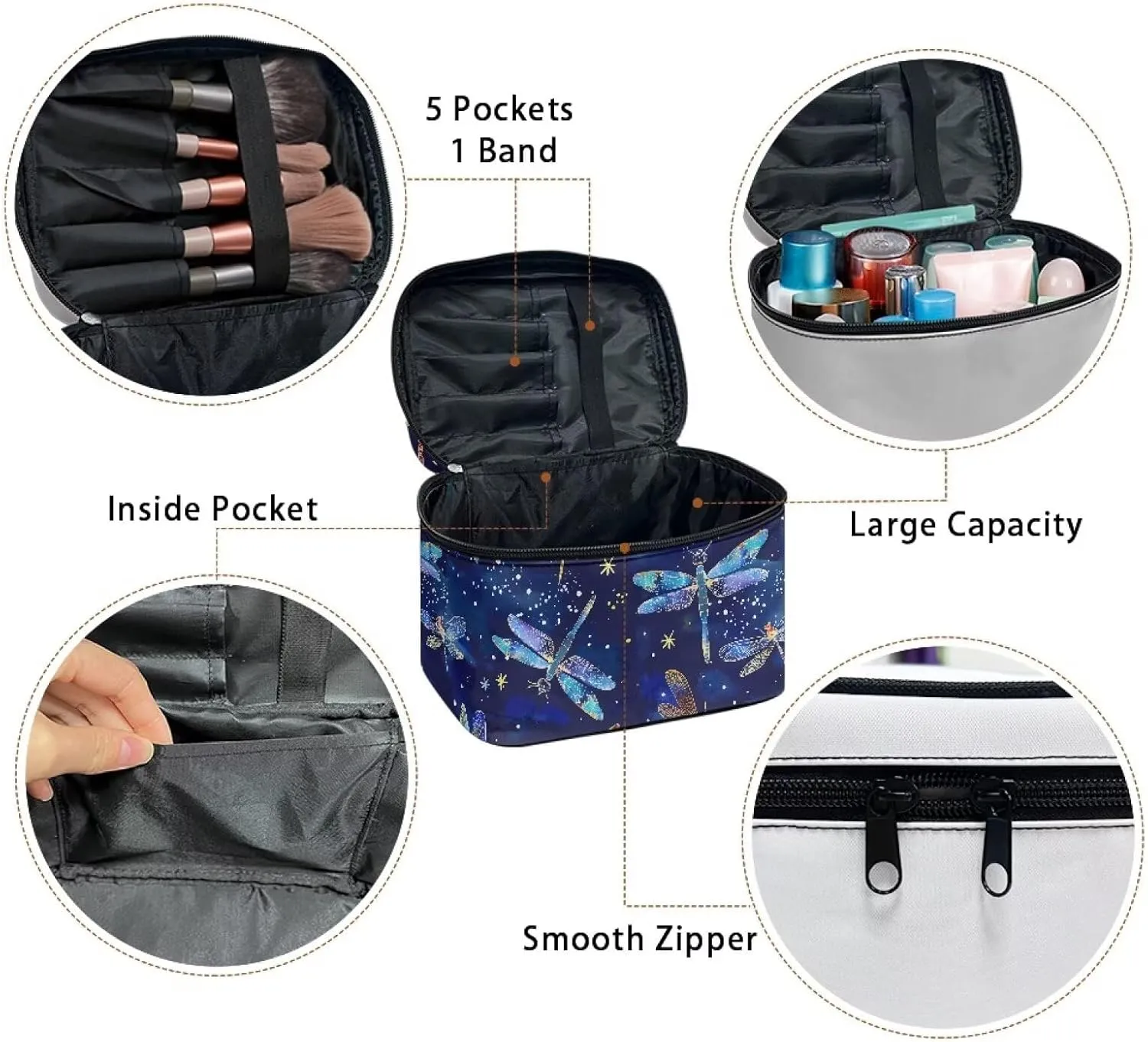 Makeup Organizer Cosmetic Storage Cases Blue Dragonfly Travel Cosmetic Bag Make Up Pouch Large Travel Zipper Pouch Toiletry Bag Makeup Organizer Bag for Women