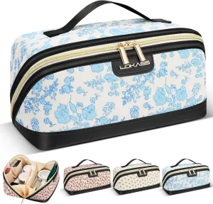 Makeup Organizer Large Capacity Travel Make Up Bag with Handle and Divider - Blue Flower