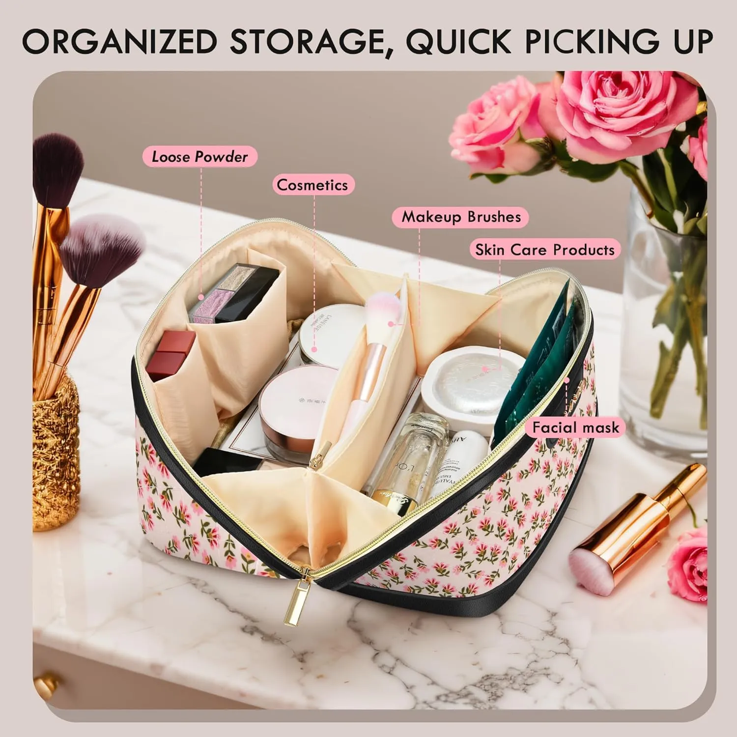 Makeup Organizer Large Capacity Travel Make Up Bag with Handle and Divider - Blue Flower