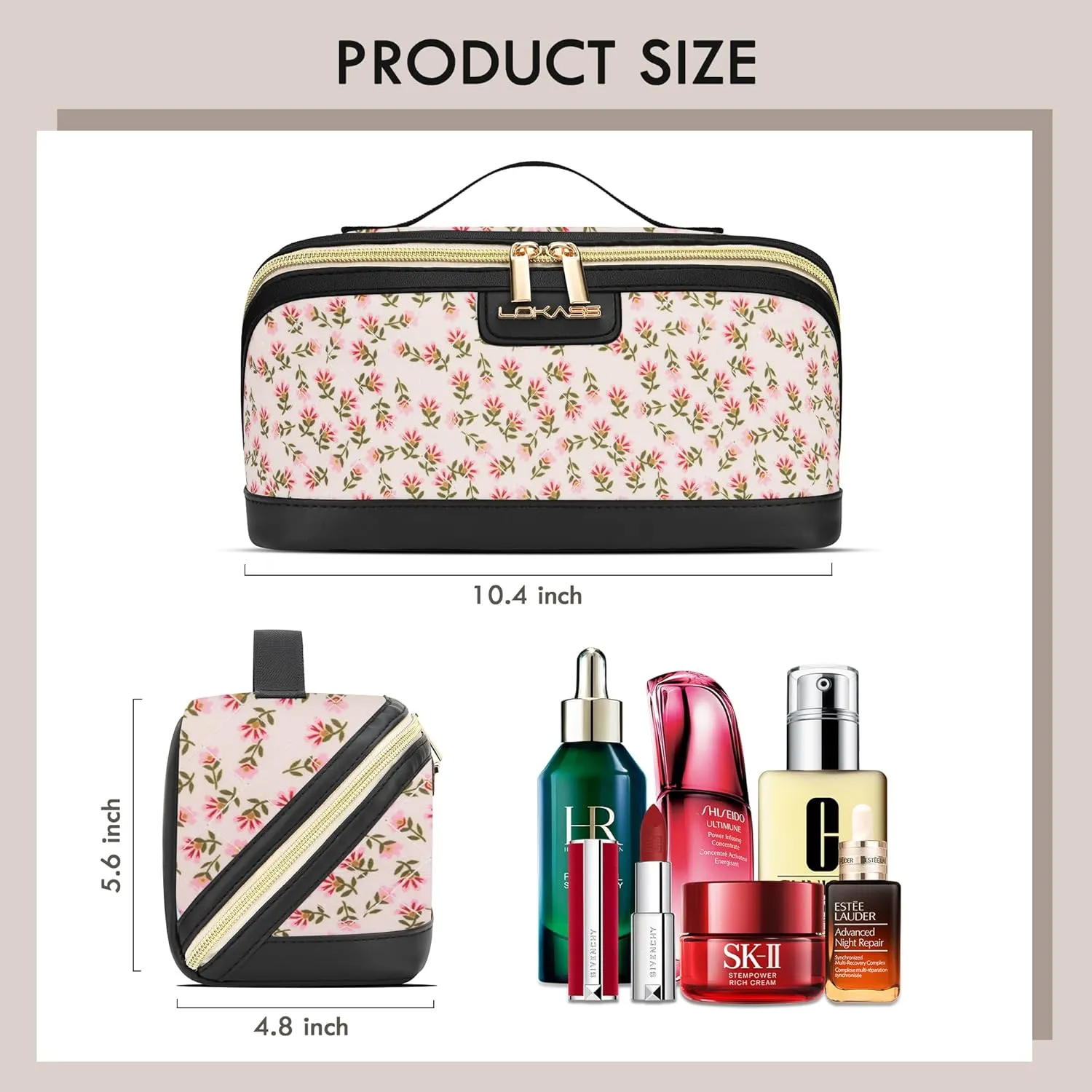 Makeup Organizer Large Capacity Travel Make Up Bag with Handle and Divider - Blue Flower