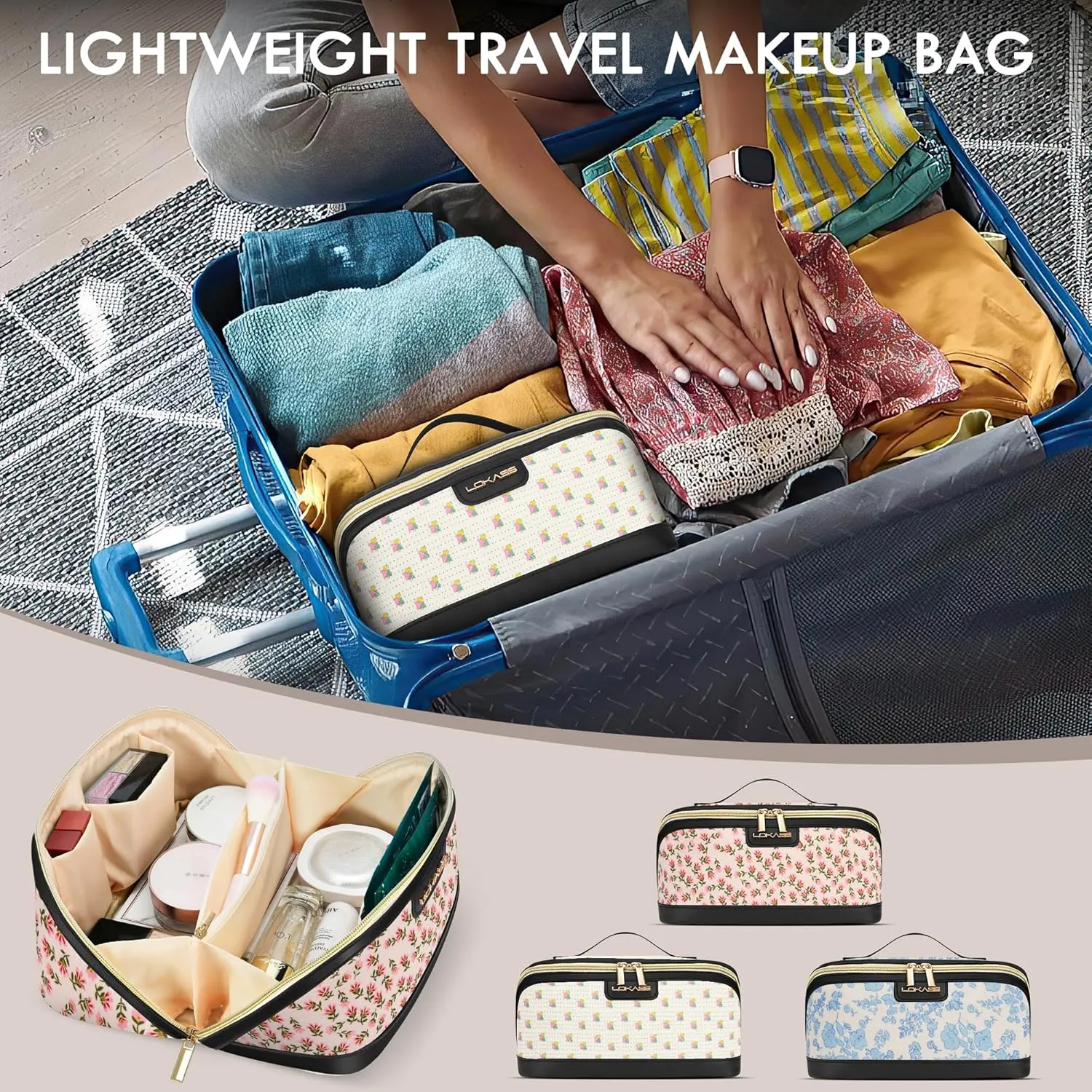 Makeup Organizer Large Capacity Travel Make Up Bag with Handle and Divider - Blue Flower