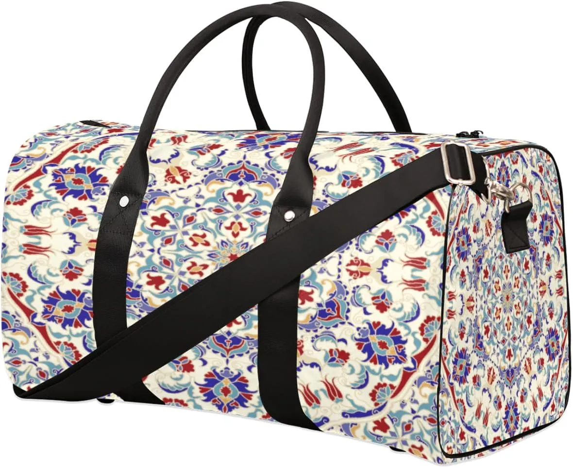 Mandala Vintage Turkish Style Travel Duffel Bag, Foldable Sport Gym Tote Bag, Waterproof Weekender Overnight Bag with Shoulder Strap, Carry On Luggage Handbag for Men and Women