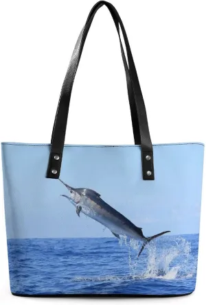 Marlin Fish Jumping Fashion Tote Bag for Women Handbags Large Capacity Shoulder Bags Purses with Zippered