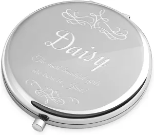 Maverton Silver Personalized Compact Mirror for Woman - Cosmetic Bag Accessory for Girl - Travel Size Mirror for Birthday - Customized Gadget for Women - Pocket Mirror - Girls