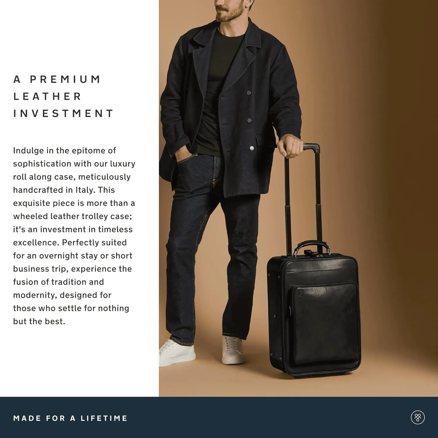 Maxwell Scott - Personalized Luxury Leather Wheeled Rolling Trolley Case Luggage - The Piazzale - Black