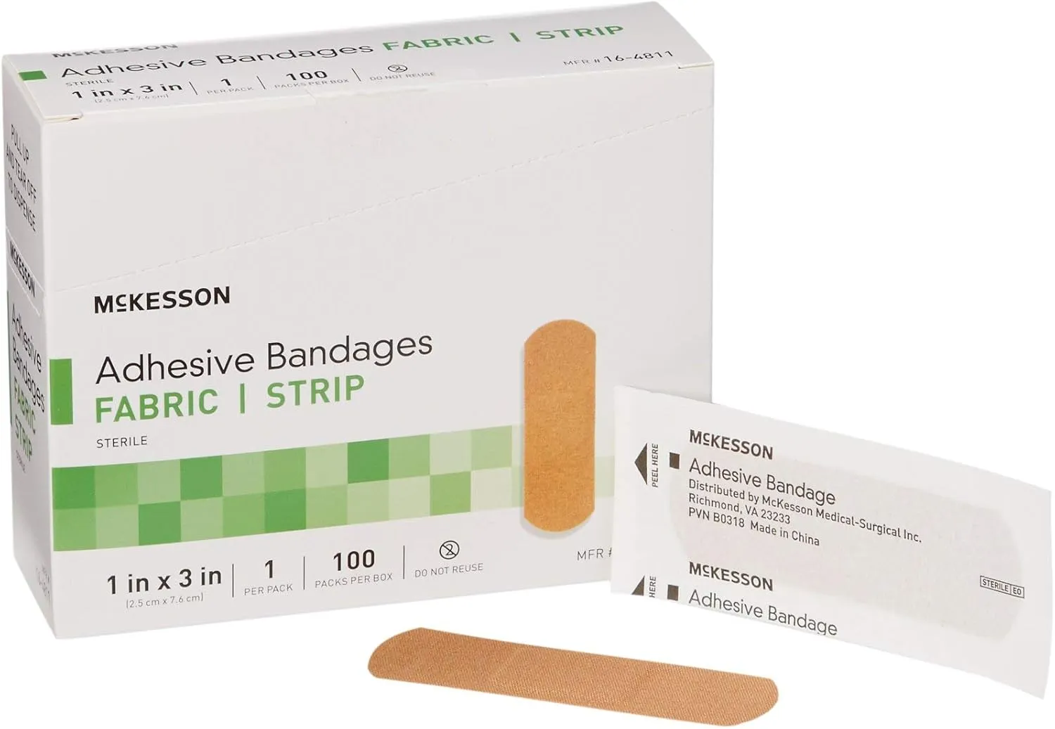 McKesson Adhesive Bandages, Sterile, Fabric Strip, 1 in x 3 in, 100 Count, 3 Packs, 300 Total