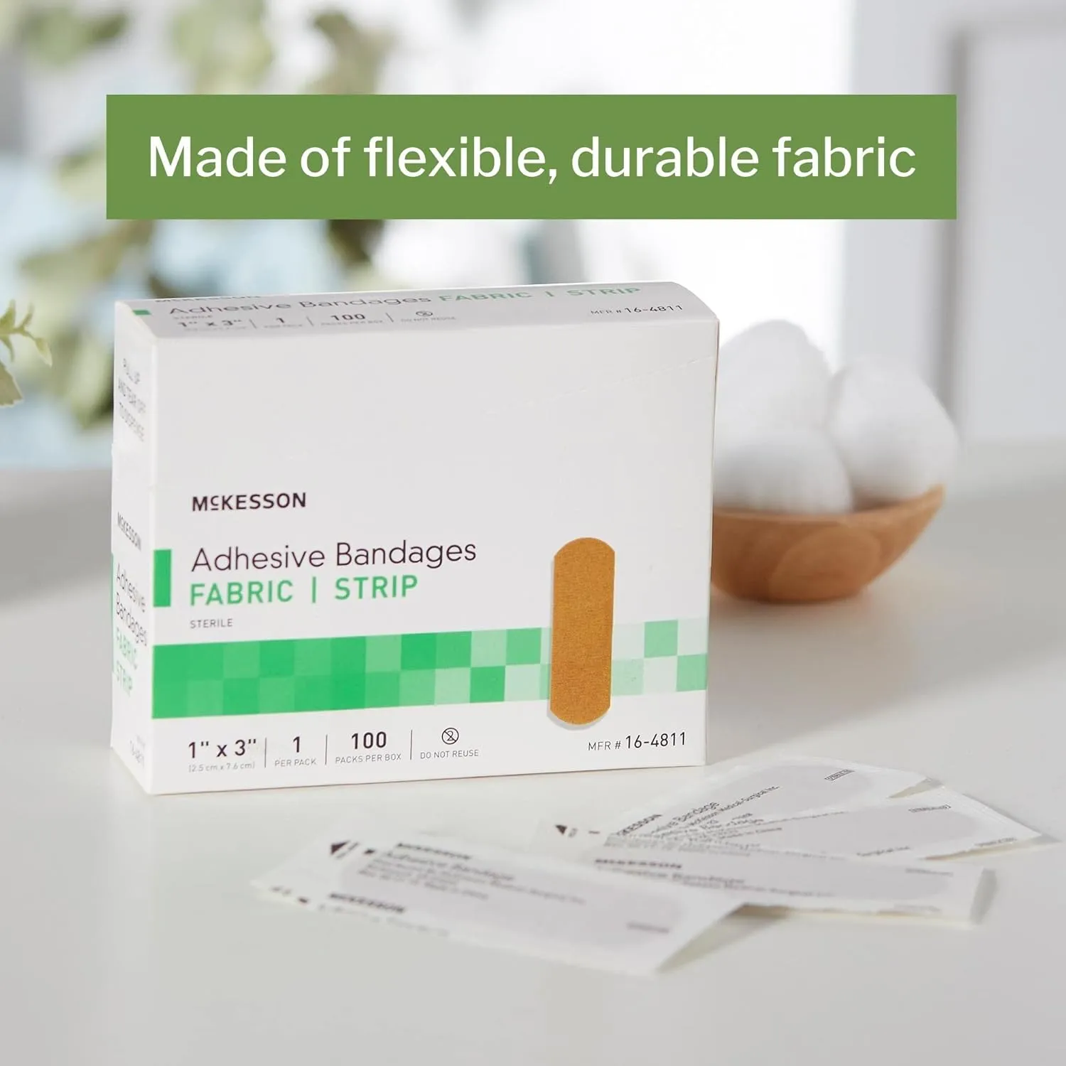 McKesson Adhesive Bandages, Sterile, Fabric Strip, 1 in x 3 in, 100 Count, 4 Packs, 400 Total