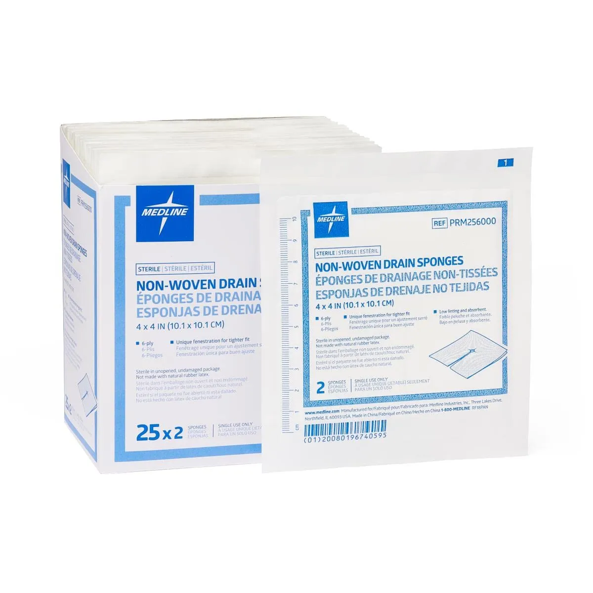 Medline Non-Woven Sterile Drain Sponges, 4"x4", 6-ply (Case Of 600)
