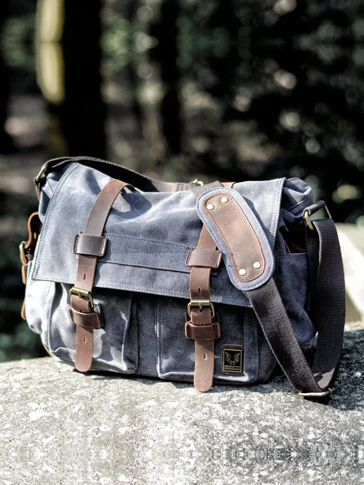 Men Canvas Leather Laptop Briefcase Travel Shoulder Bag