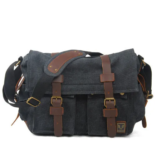 Men Canvas Leather Laptop Briefcase Travel Shoulder Bag