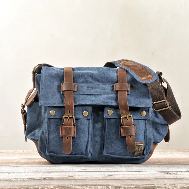Men Canvas Leather Laptop Briefcase Travel Shoulder Bag