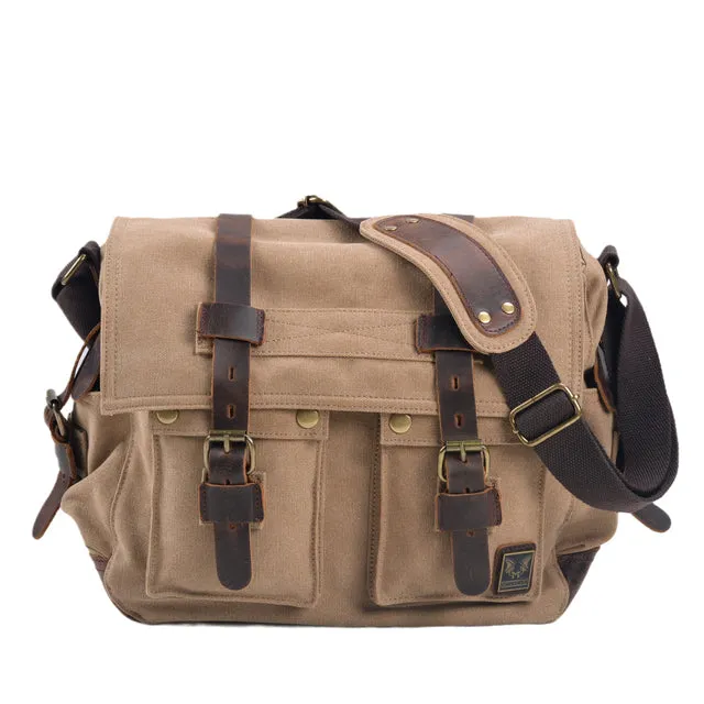 Men Canvas Leather Laptop Briefcase Travel Shoulder Bag