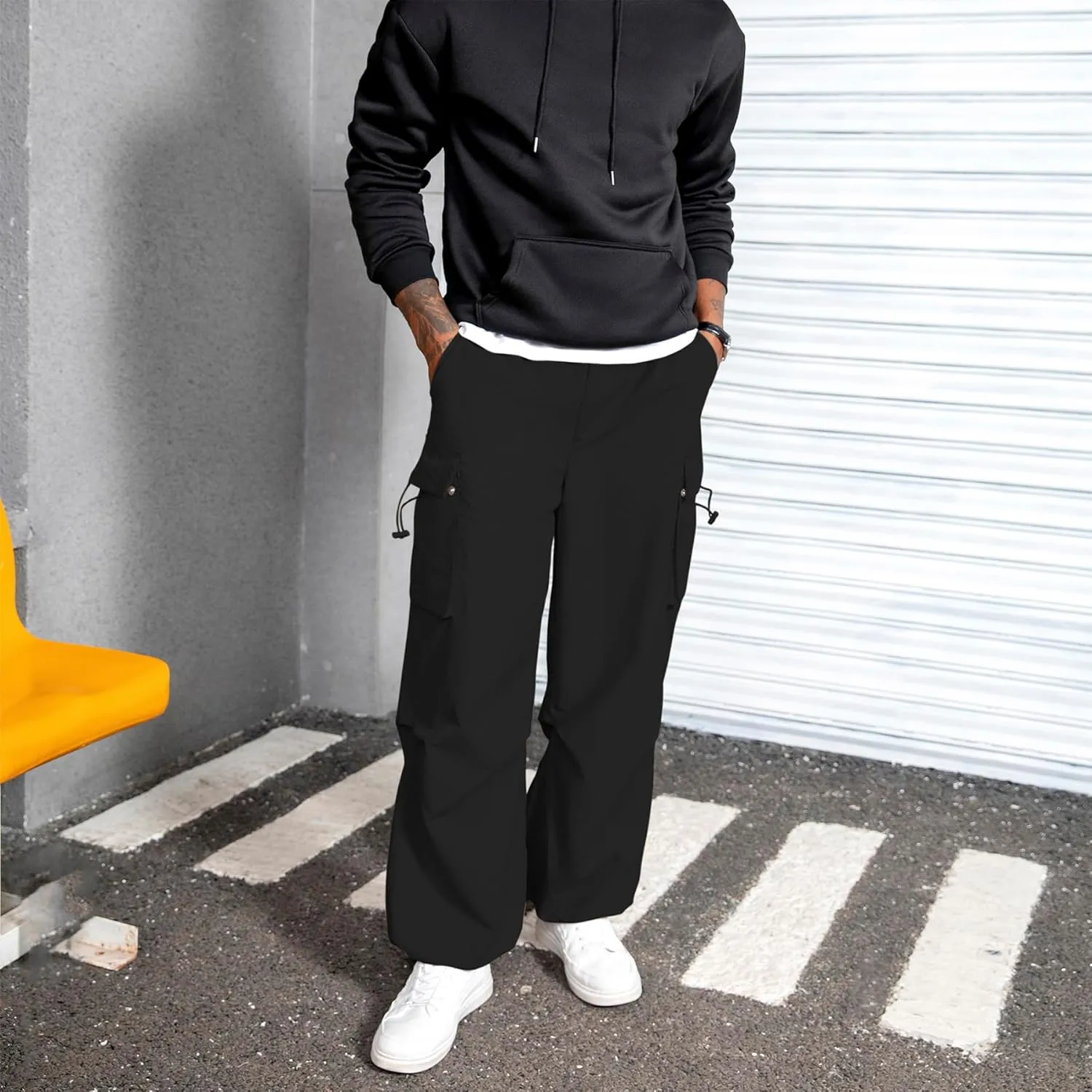 Men's Baggy Cargo Pants Vintage Casual Drawstring Parachute Pant Loose Fit Jogger Streetwear Pants with Pockets