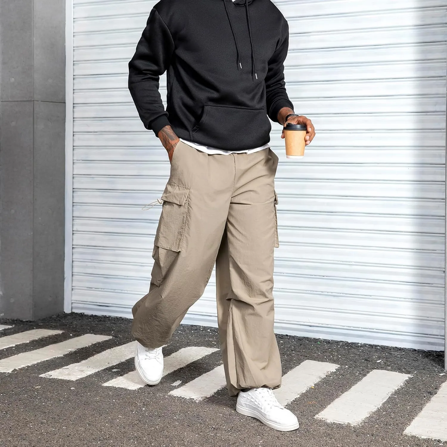 Men's Baggy Cargo Pants Vintage Casual Drawstring Parachute Pant Loose Fit Jogger Streetwear Pants with Pockets