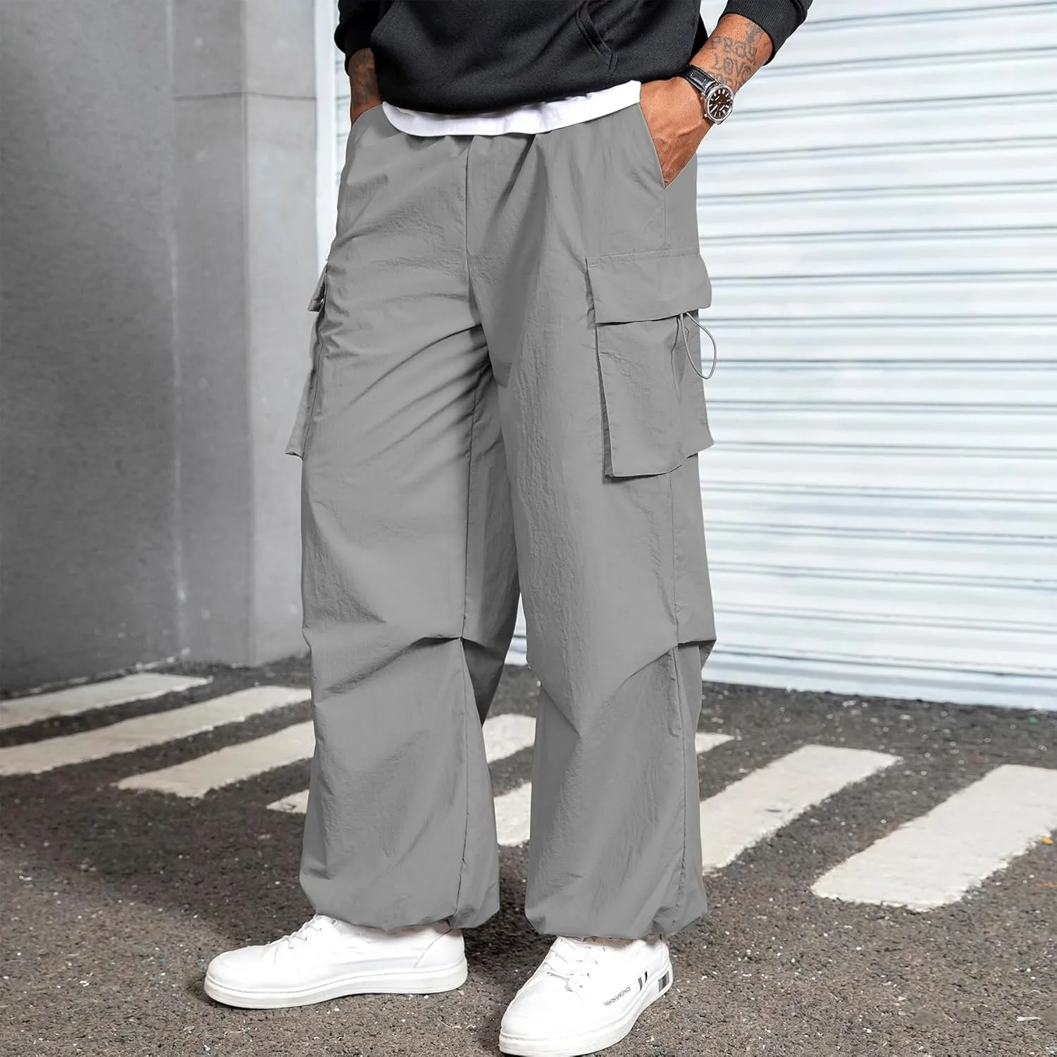 Men's Baggy Cargo Pants Vintage Casual Drawstring Parachute Pant Loose Fit Jogger Streetwear Pants with Pockets