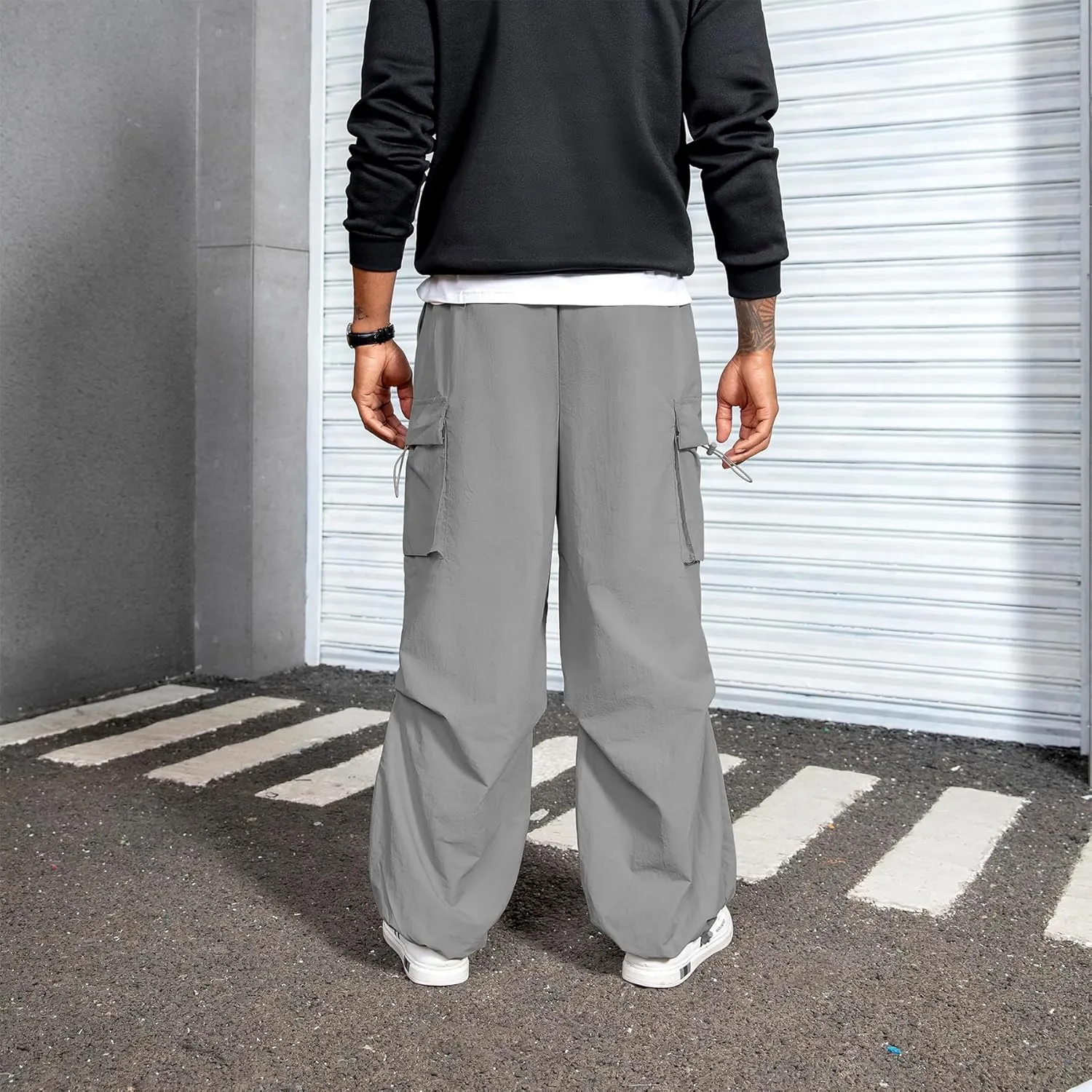 Men's Baggy Cargo Pants Vintage Casual Drawstring Parachute Pant Loose Fit Jogger Streetwear Pants with Pockets