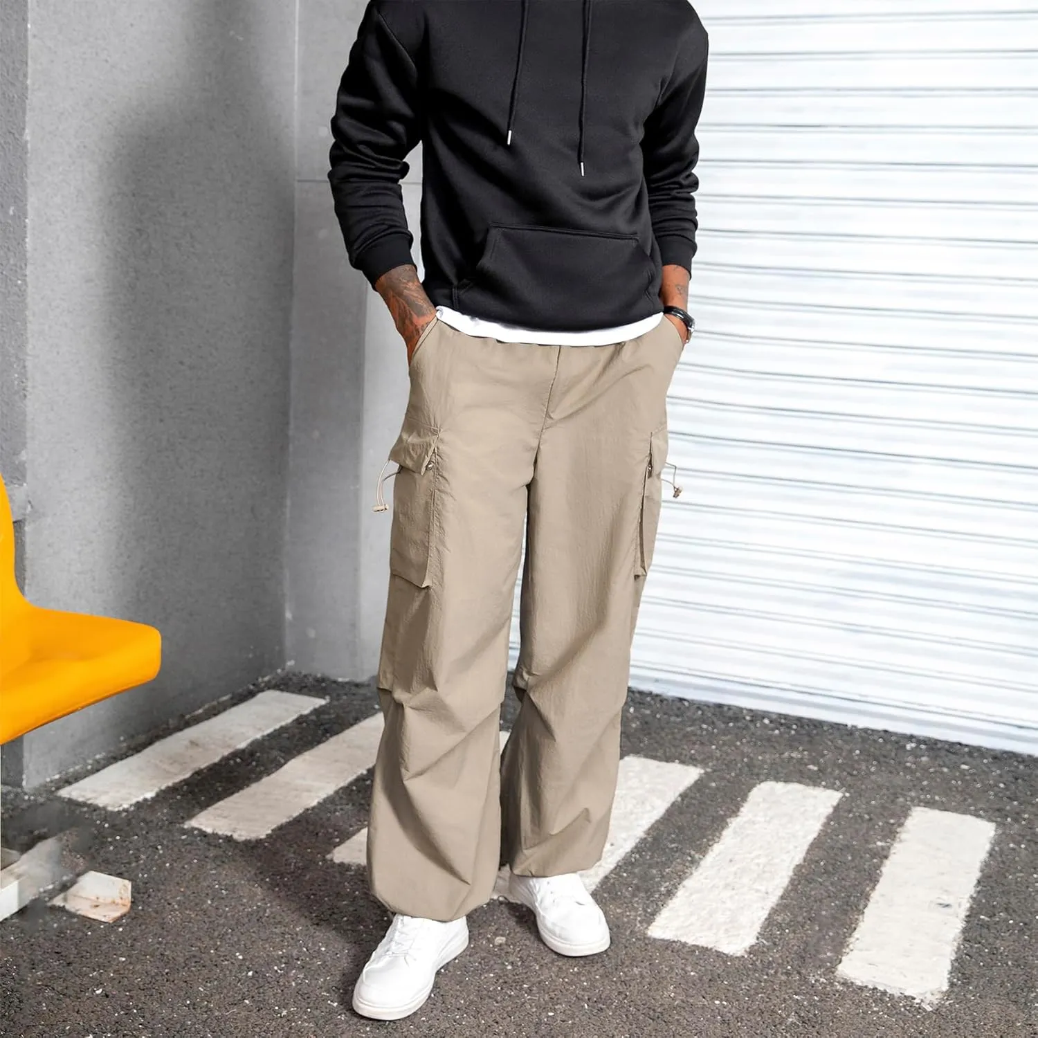 Men's Baggy Cargo Pants Vintage Casual Drawstring Parachute Pant Loose Fit Jogger Streetwear Pants with Pockets
