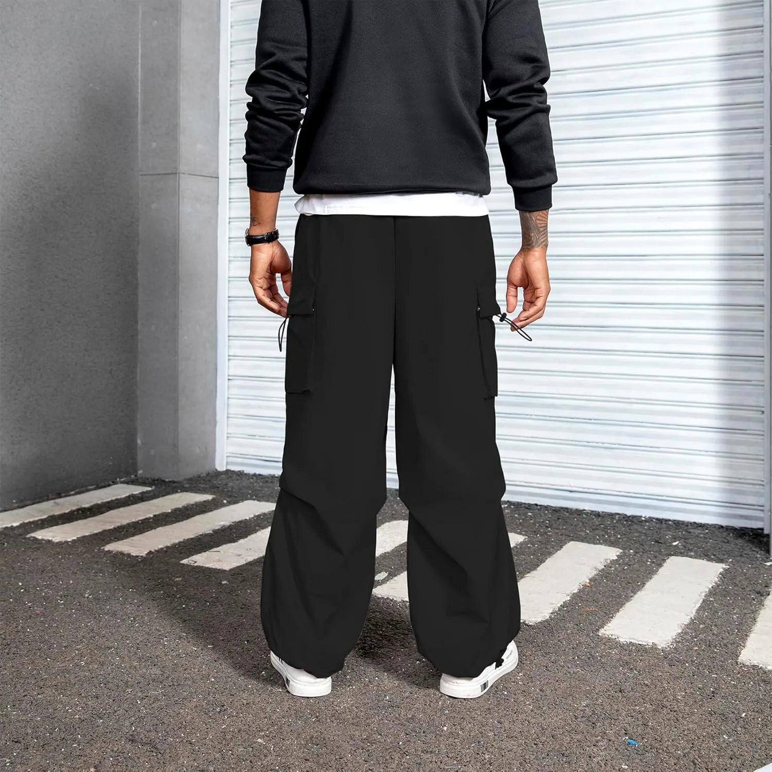 Men's Baggy Cargo Pants Vintage Casual Drawstring Parachute Pant Loose Fit Jogger Streetwear Pants with Pockets