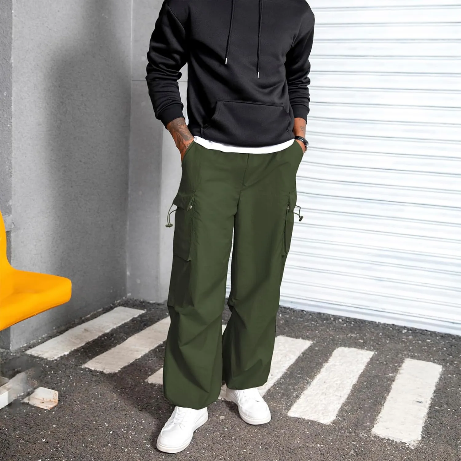 Men's Baggy Cargo Pants Vintage Casual Drawstring Parachute Pant Loose Fit Jogger Streetwear Pants with Pockets