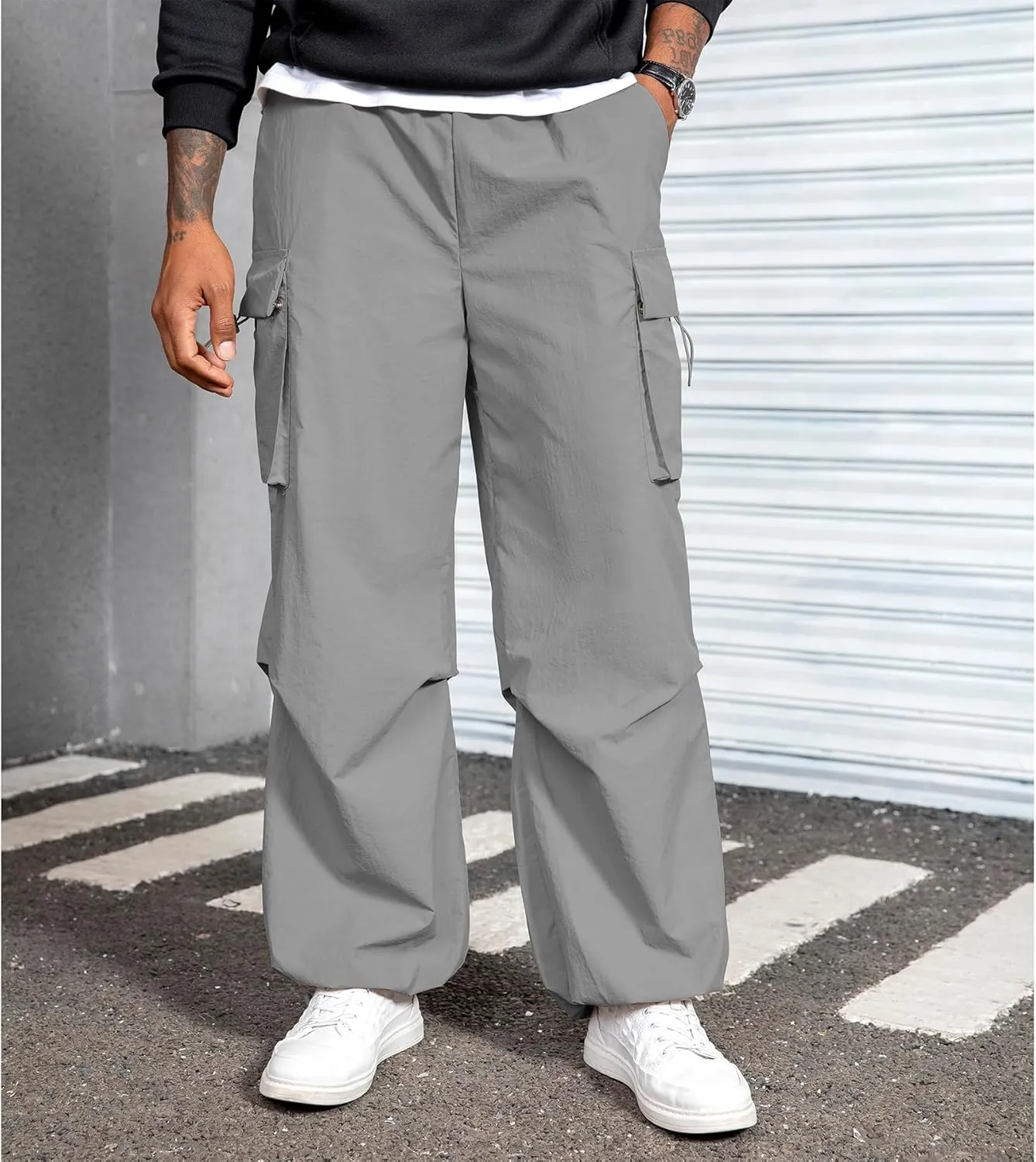 Men's Baggy Cargo Pants Vintage Casual Drawstring Parachute Pant Loose Fit Jogger Streetwear Pants with Pockets