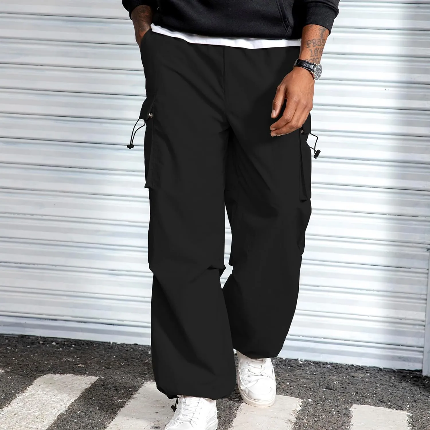 Men's Baggy Cargo Pants Vintage Casual Drawstring Parachute Pant Loose Fit Jogger Streetwear Pants with Pockets