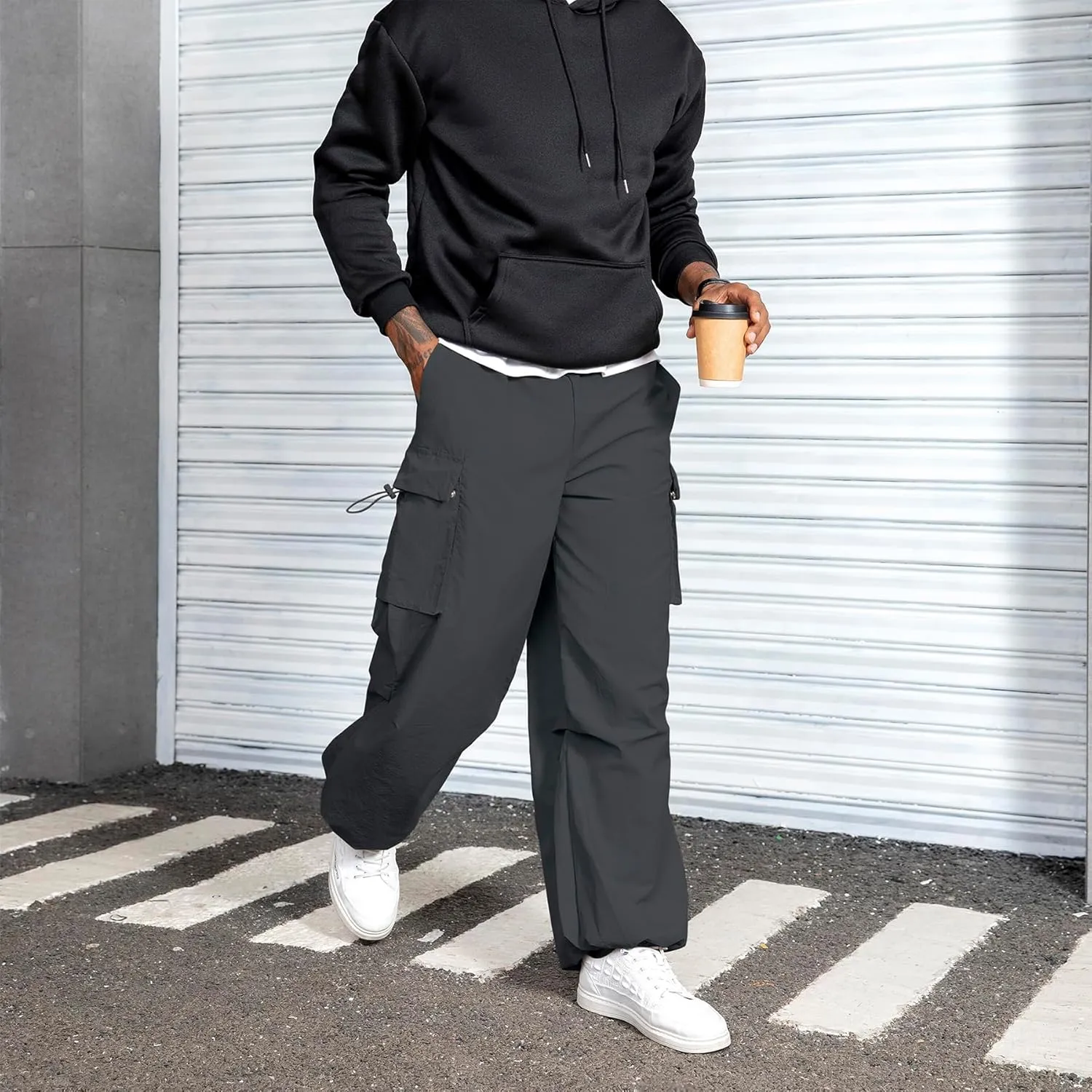 Men's Baggy Cargo Pants Vintage Casual Drawstring Parachute Pant Loose Fit Jogger Streetwear Pants with Pockets
