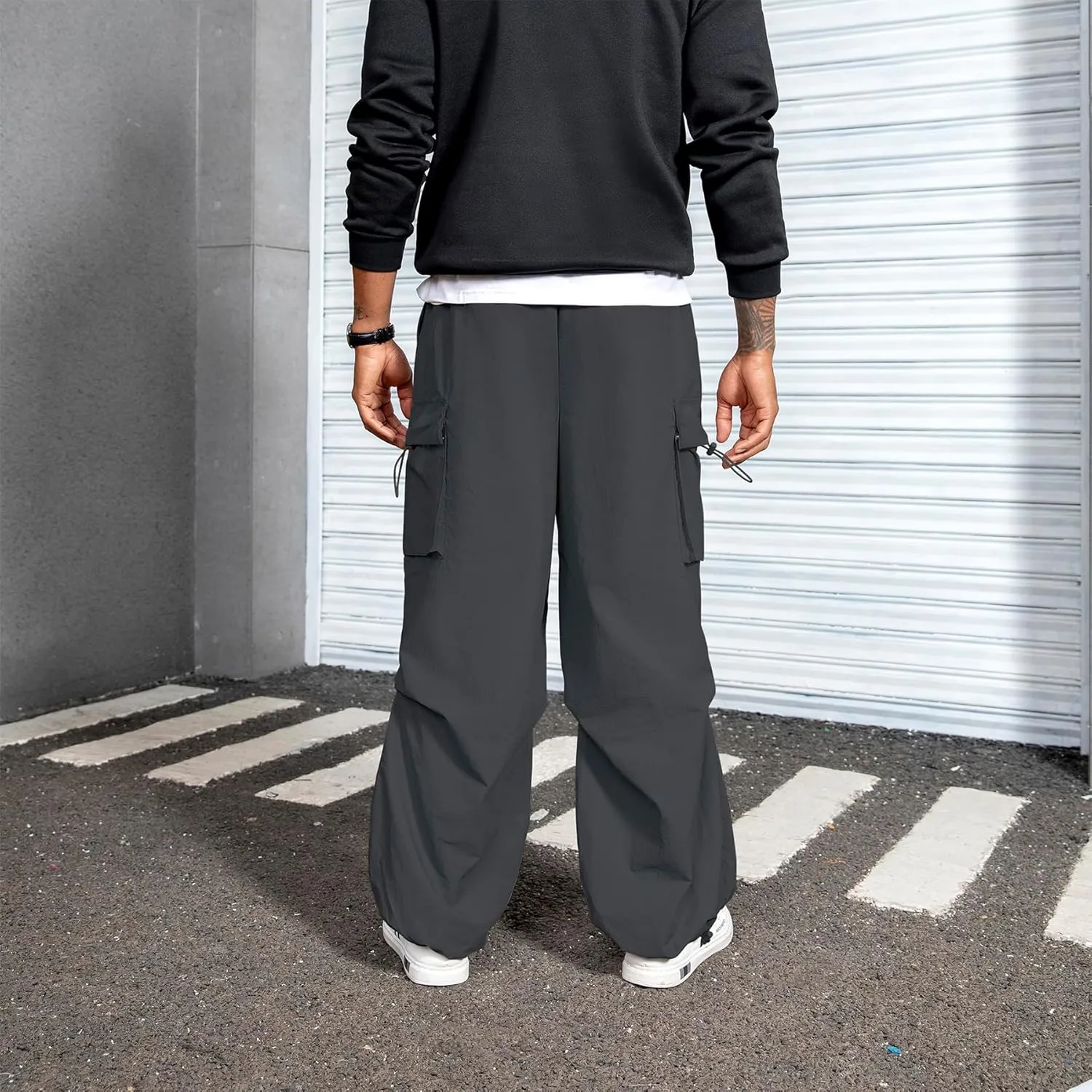 Men's Baggy Cargo Pants Vintage Casual Drawstring Parachute Pant Loose Fit Jogger Streetwear Pants with Pockets