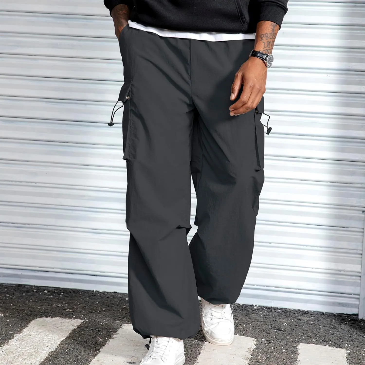 Men's Baggy Cargo Pants Vintage Casual Drawstring Parachute Pant Loose Fit Jogger Streetwear Pants with Pockets