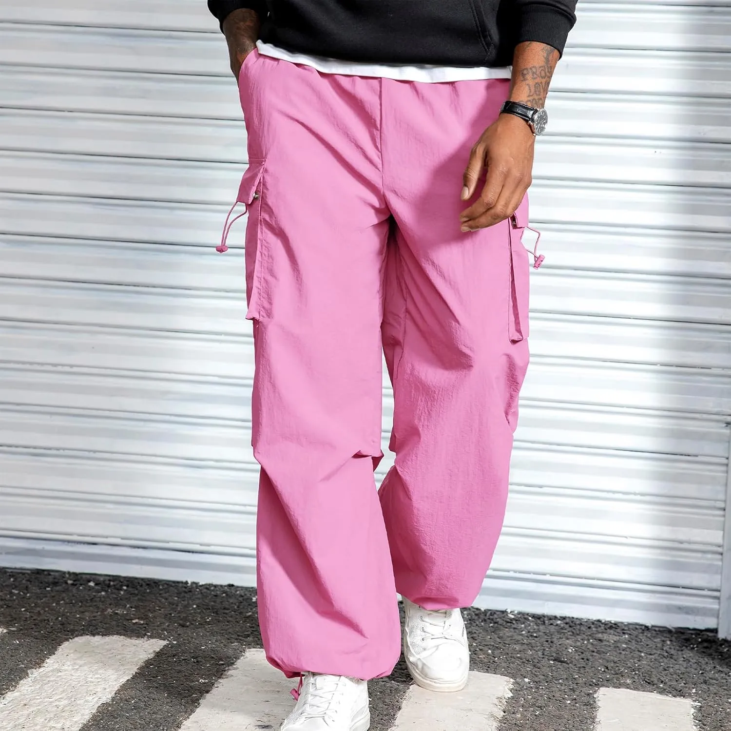 Men's Baggy Cargo Pants Vintage Casual Drawstring Parachute Pant Loose Fit Jogger Streetwear Pants with Pockets