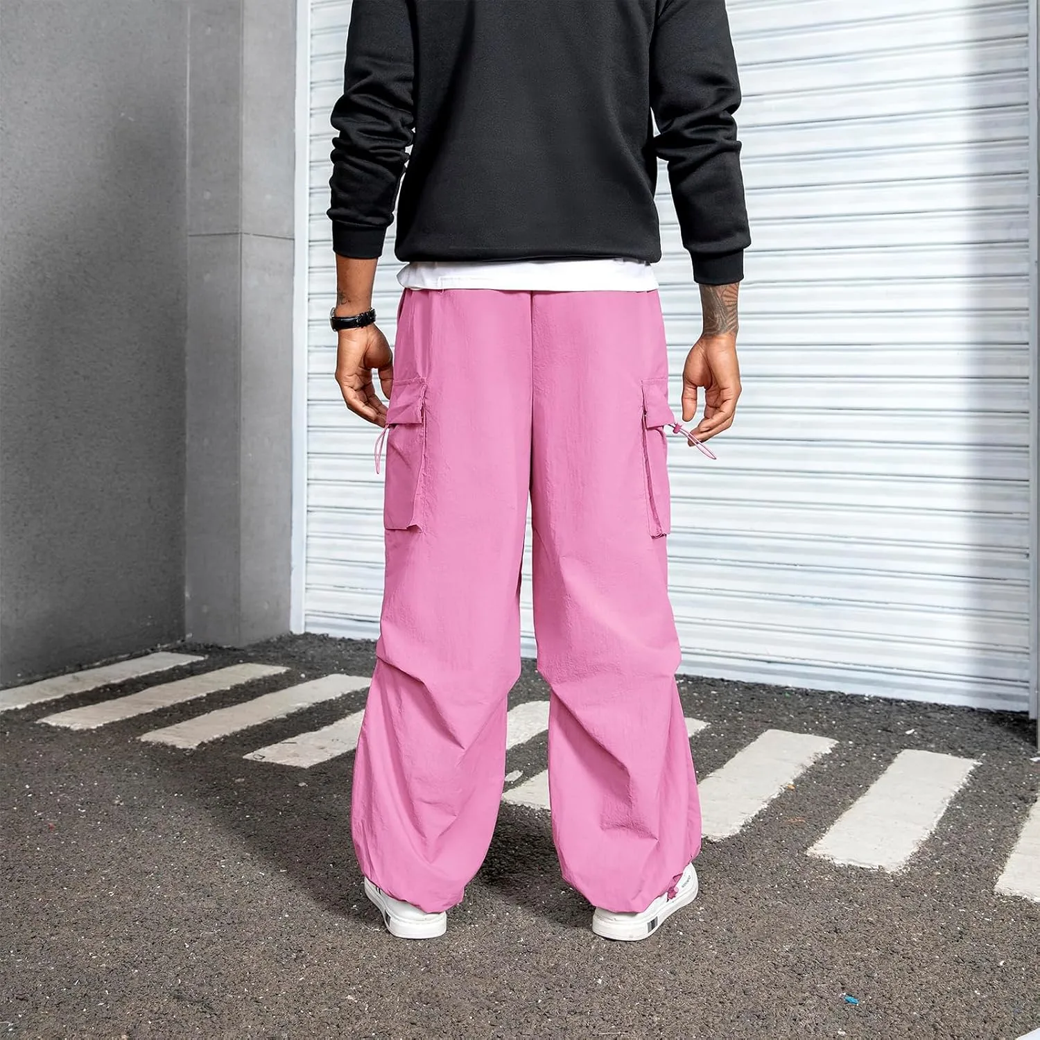 Men's Baggy Cargo Pants Vintage Casual Drawstring Parachute Pant Loose Fit Jogger Streetwear Pants with Pockets