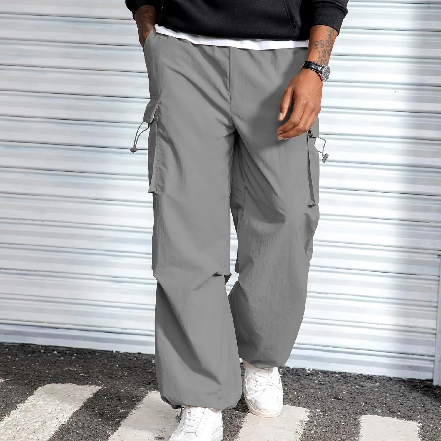 Men's Baggy Cargo Pants Vintage Casual Drawstring Parachute Pant Loose Fit Jogger Streetwear Pants with Pockets