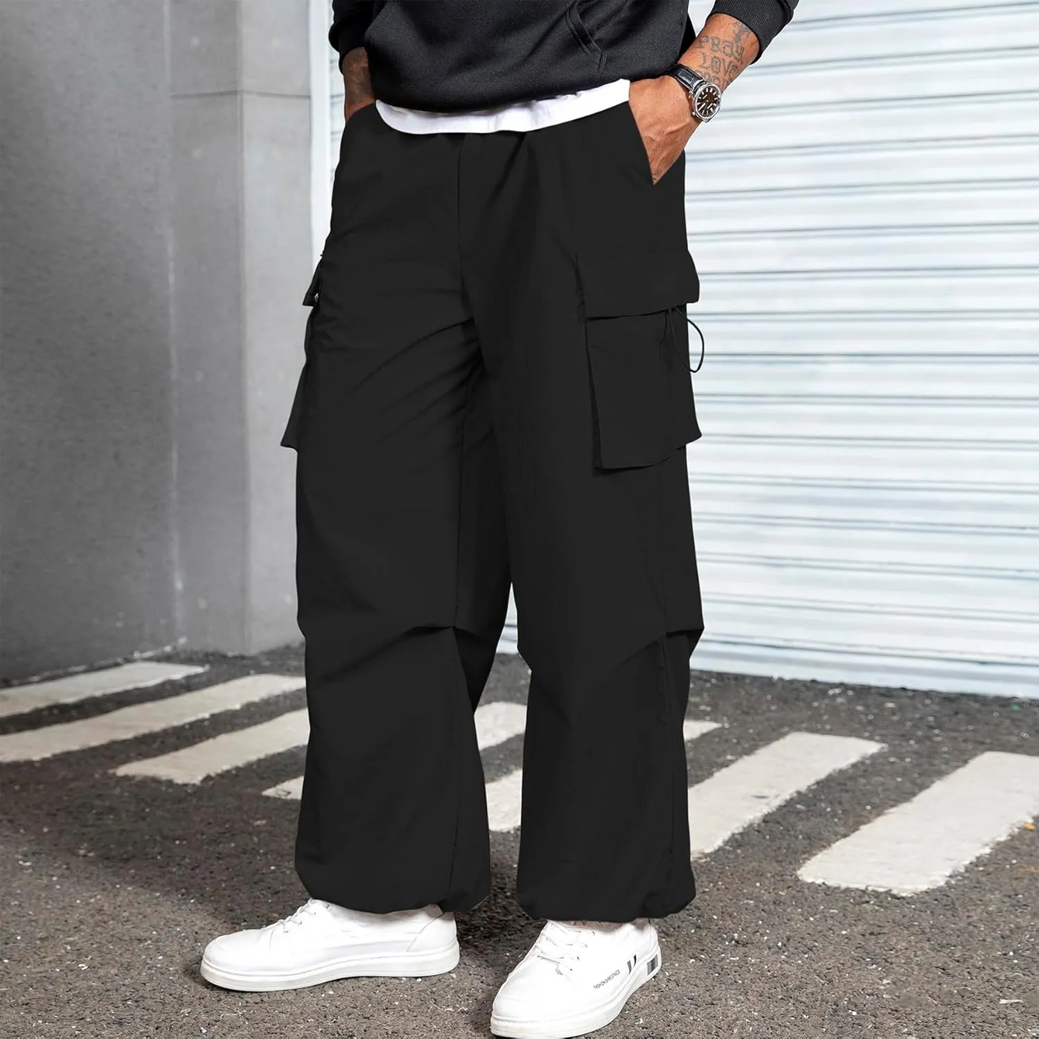 Men's Baggy Cargo Pants Vintage Casual Drawstring Parachute Pant Loose Fit Jogger Streetwear Pants with Pockets