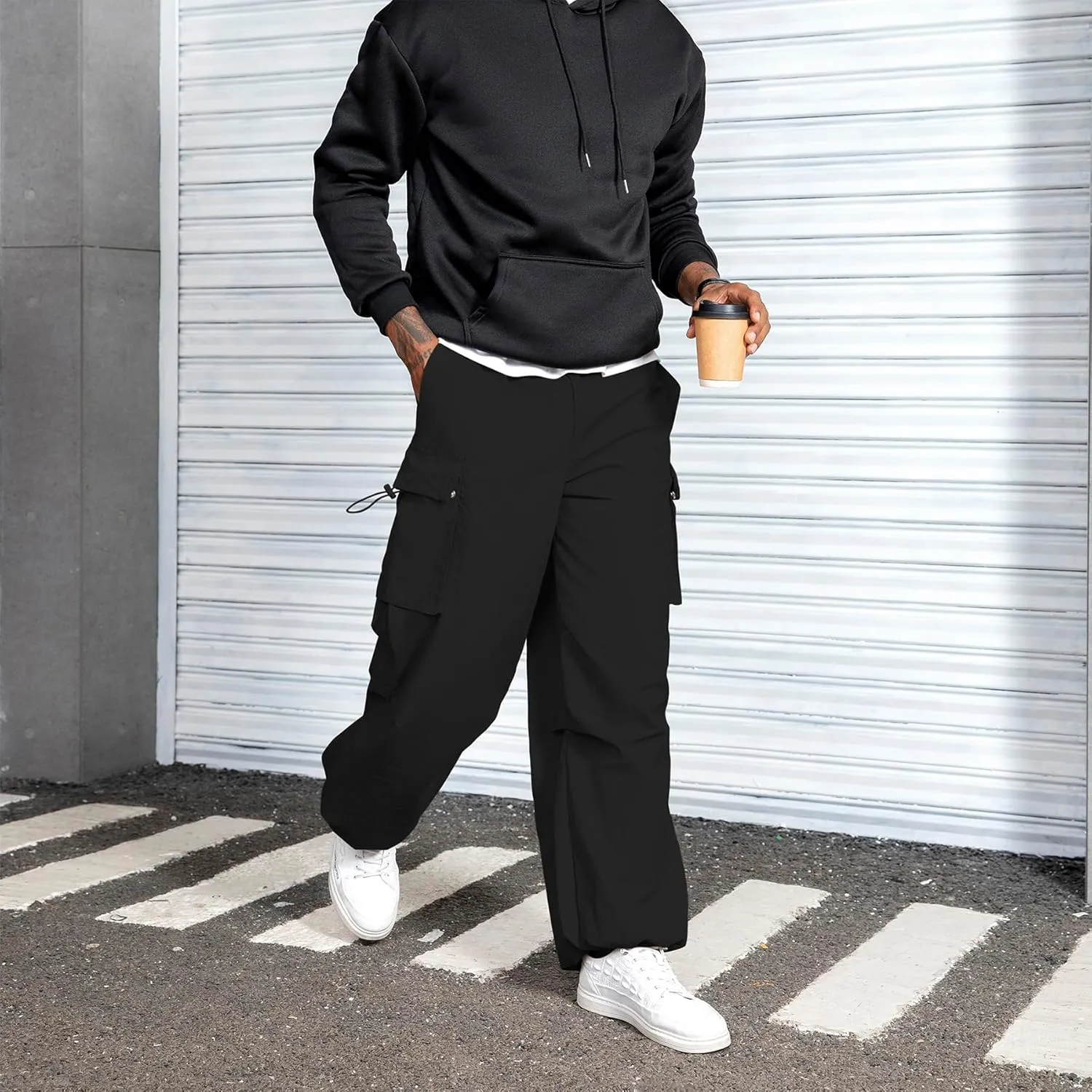 Men's Baggy Cargo Pants Vintage Casual Drawstring Parachute Pant Loose Fit Jogger Streetwear Pants with Pockets
