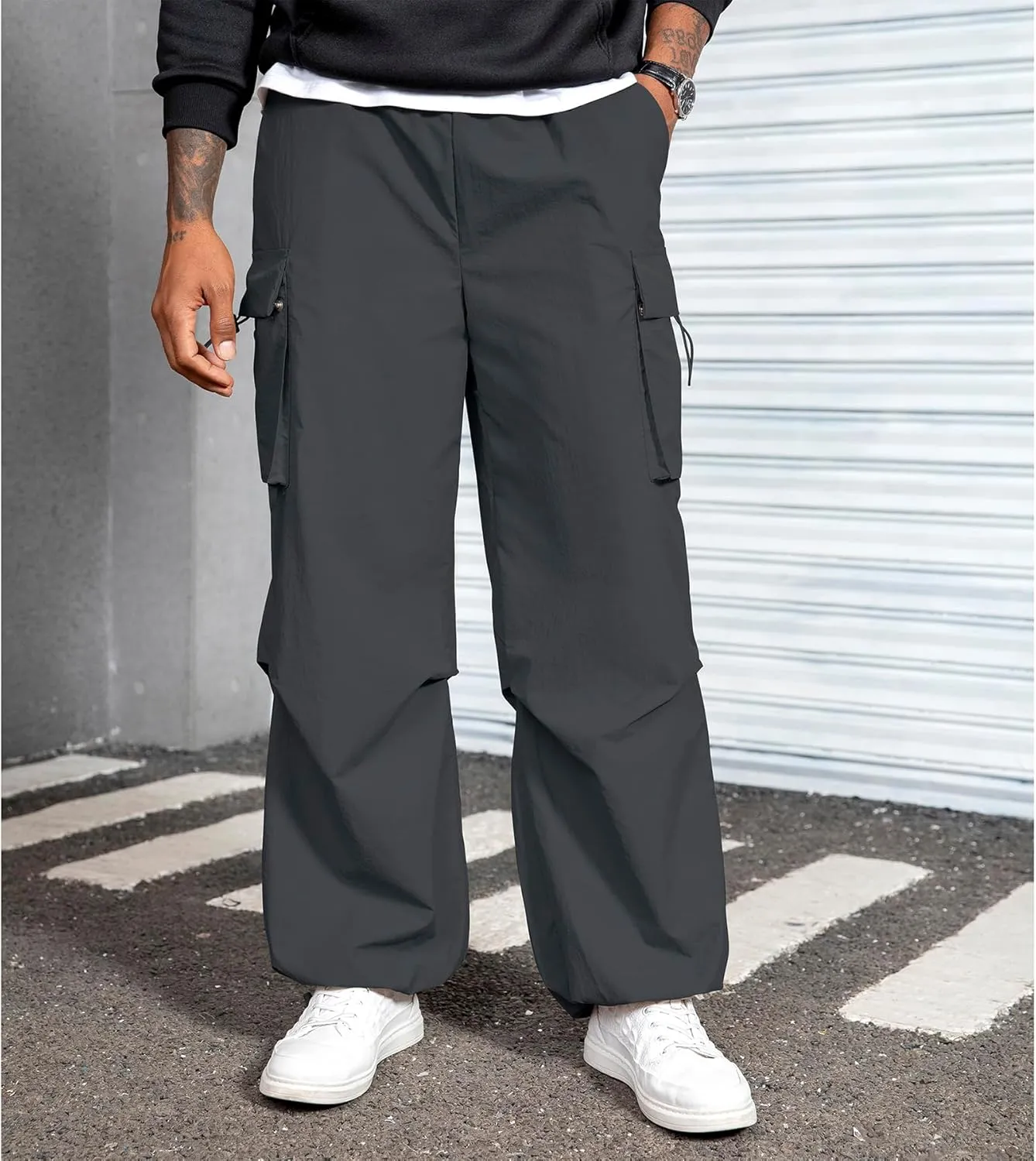 Men's Baggy Cargo Pants Vintage Casual Drawstring Parachute Pant Loose Fit Jogger Streetwear Pants with Pockets