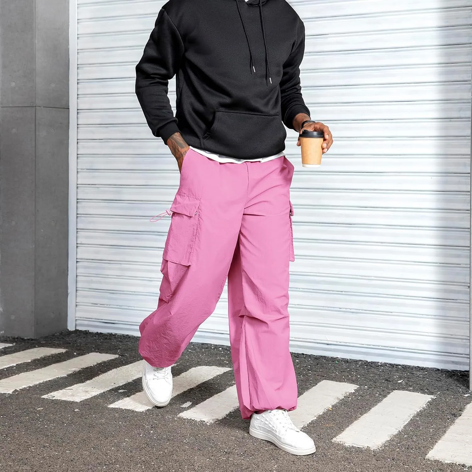 Men's Baggy Cargo Pants Vintage Casual Drawstring Parachute Pant Loose Fit Jogger Streetwear Pants with Pockets