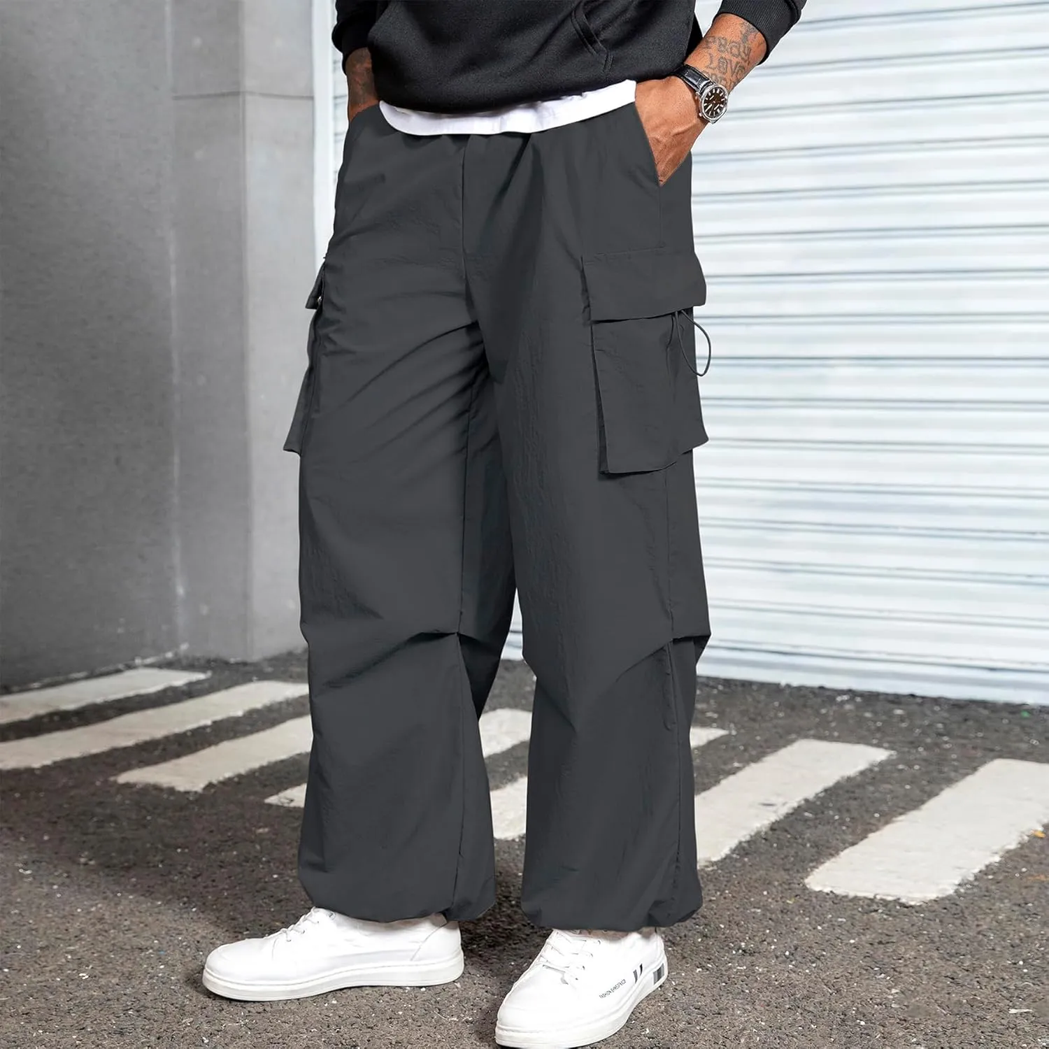 Men's Baggy Cargo Pants Vintage Casual Drawstring Parachute Pant Loose Fit Jogger Streetwear Pants with Pockets