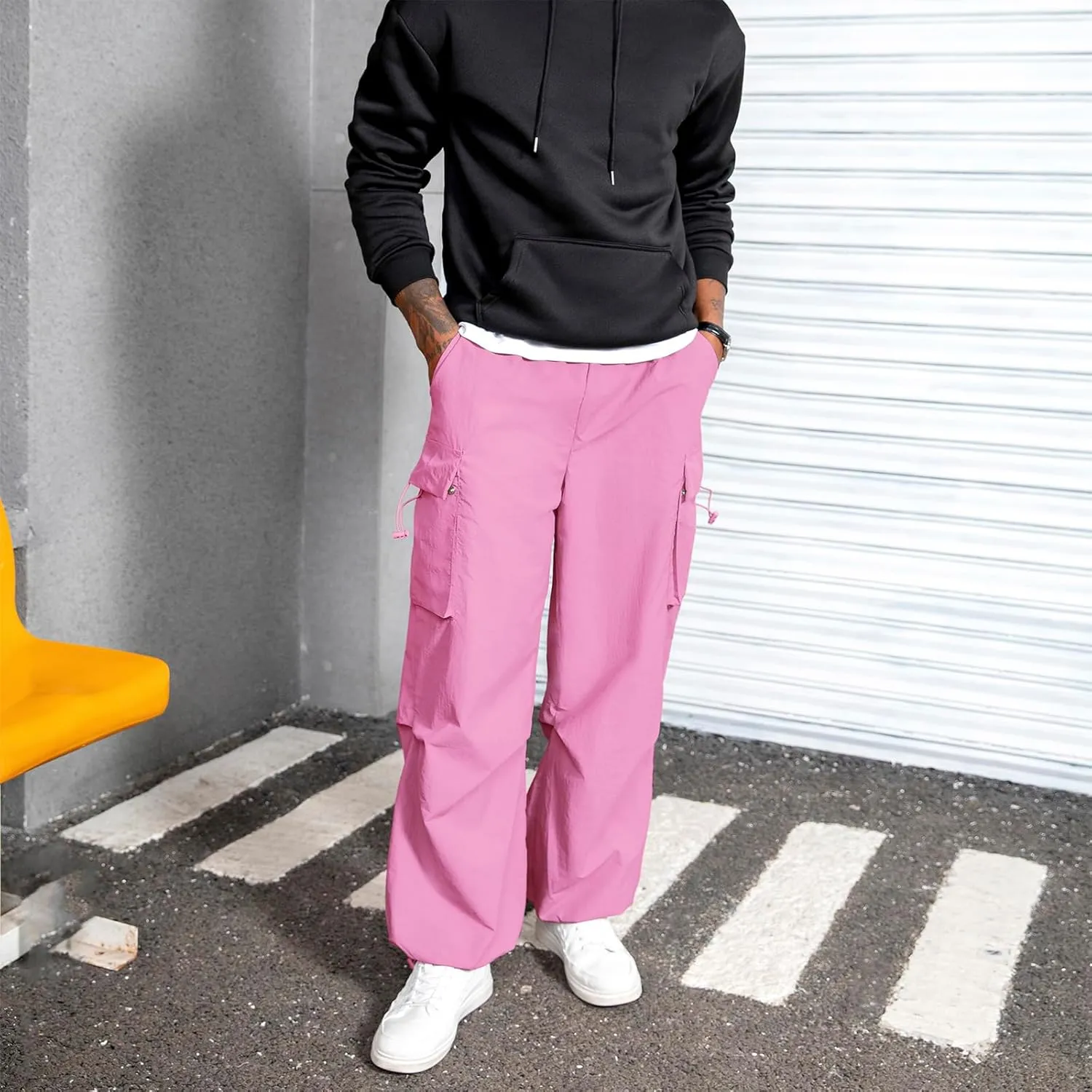 Men's Baggy Cargo Pants Vintage Casual Drawstring Parachute Pant Loose Fit Jogger Streetwear Pants with Pockets