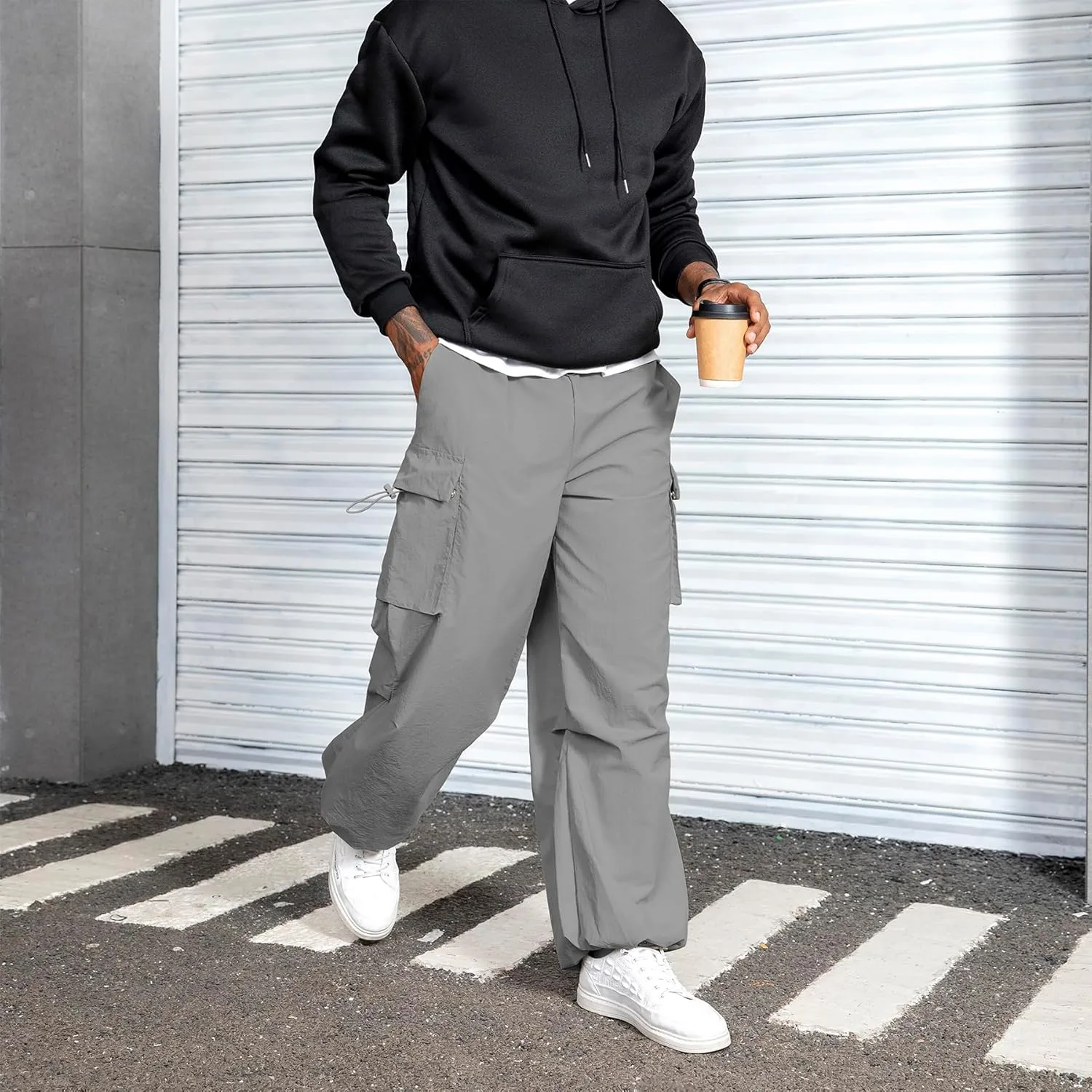 Men's Baggy Cargo Pants Vintage Casual Drawstring Parachute Pant Loose Fit Jogger Streetwear Pants with Pockets