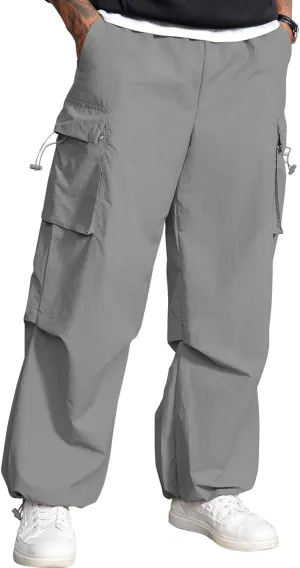 Men's Baggy Cargo Pants Vintage Casual Drawstring Parachute Pant Loose Fit Jogger Streetwear Pants with Pockets
