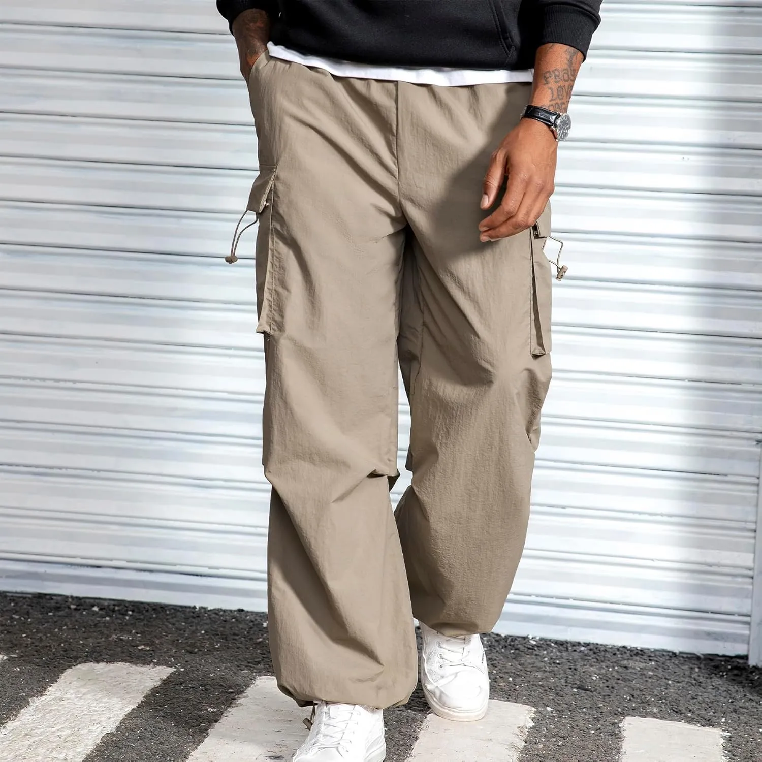 Men's Baggy Cargo Pants Vintage Casual Drawstring Parachute Pant Loose Fit Jogger Streetwear Pants with Pockets