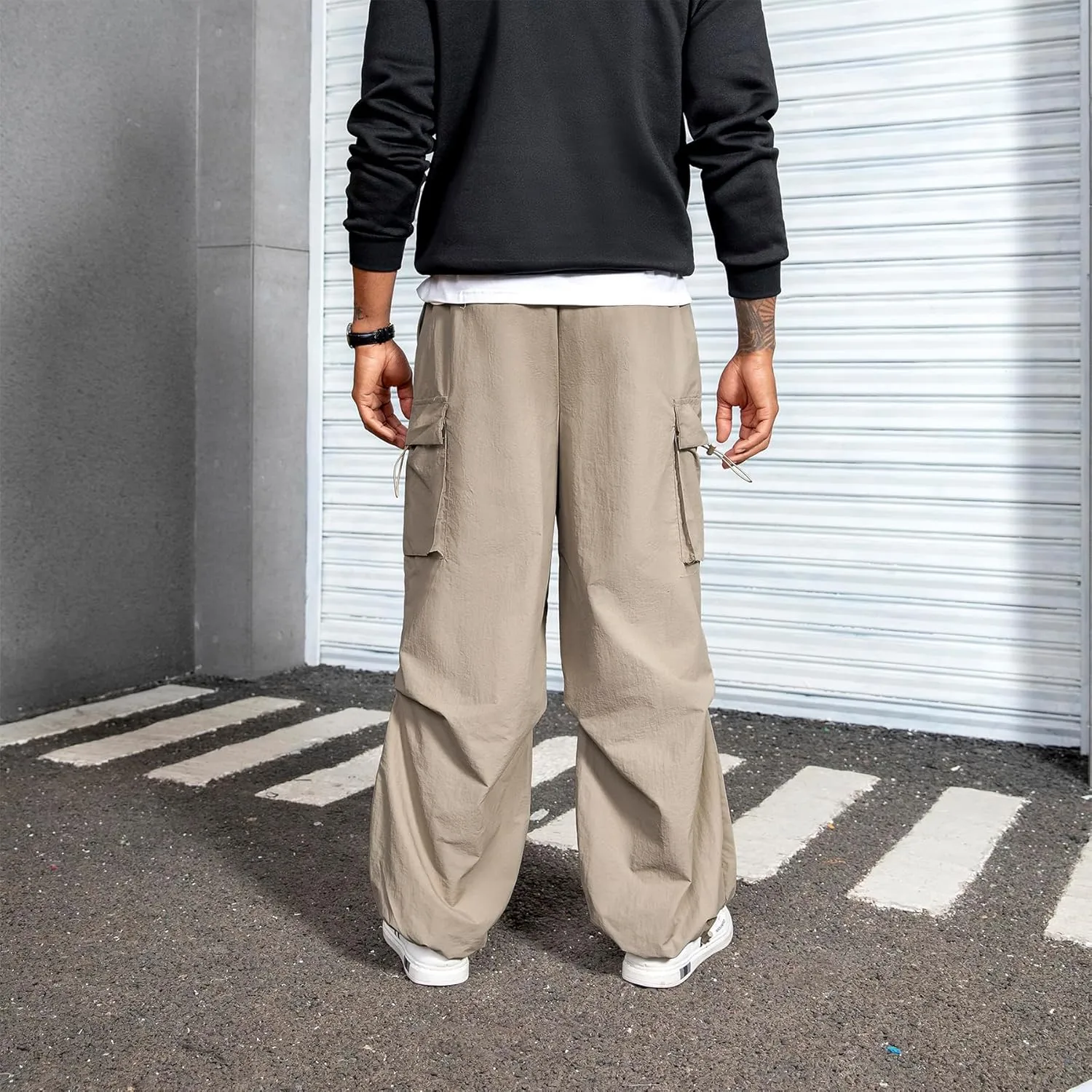 Men's Baggy Cargo Pants Vintage Casual Drawstring Parachute Pant Loose Fit Jogger Streetwear Pants with Pockets
