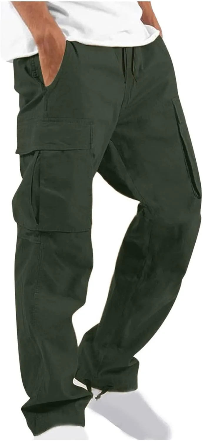 Mens Cargo Pants Loose Baggy Work Hiking Drawstring Trousers Outdoor Comfy Joggers with Multi Pockets