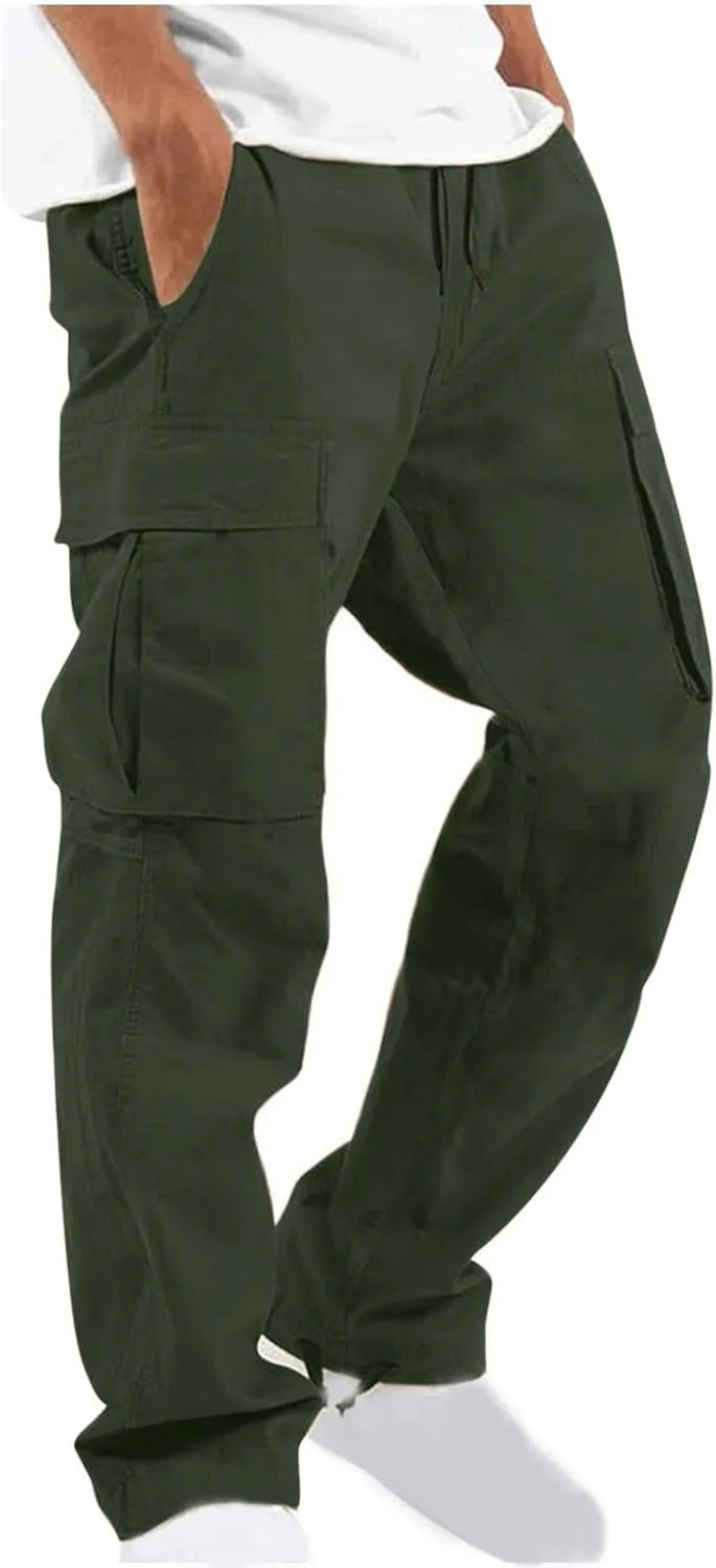 Mens Cargo Pants Loose Baggy Work Hiking Drawstring Trousers Outdoor Comfy Joggers with Multi Pockets