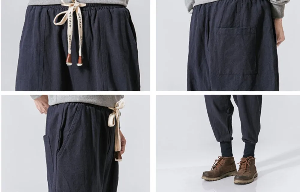 Men's Linen Drop-Crotch Wide Leg Baggy Harem Pants