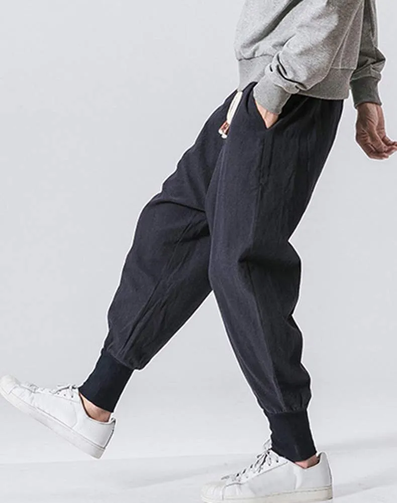 Men's Linen Drop-Crotch Wide Leg Baggy Harem Pants