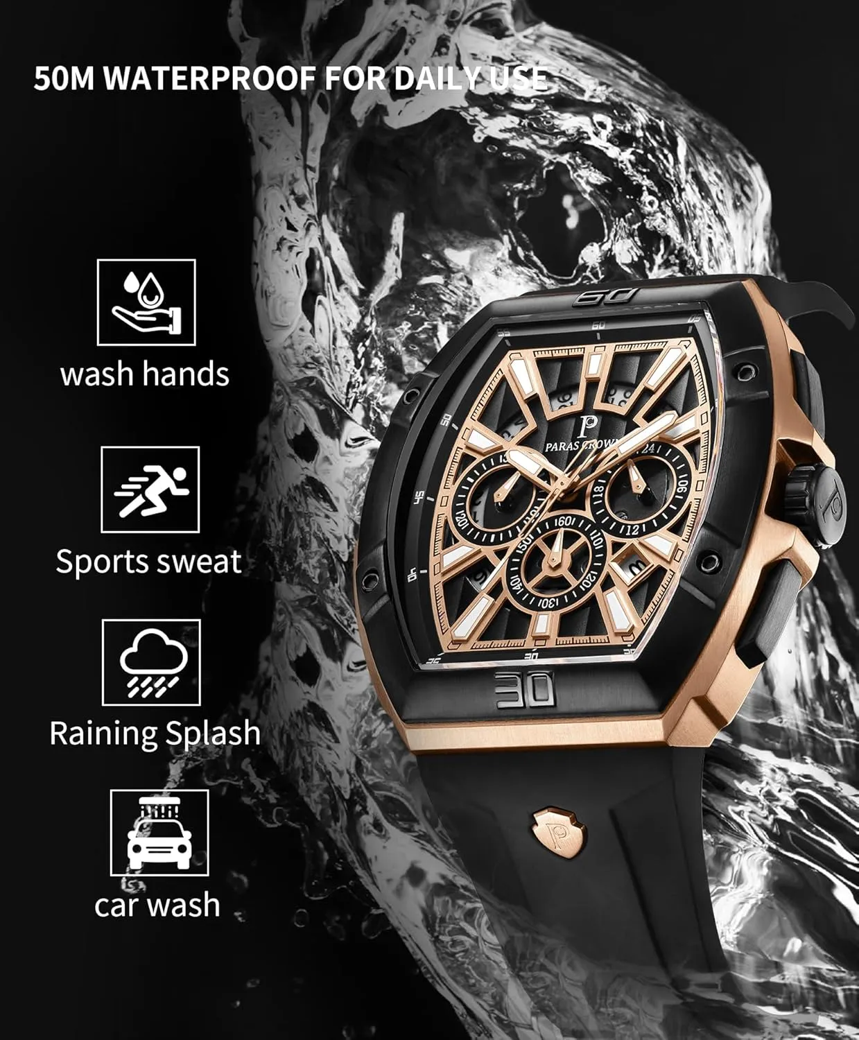 Mens Watches Analog Quartz Luxury Tonneau Watches for Men Japanese Movement 50M Waterproof Stainless Steel Case Luminous Sport Watch